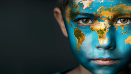 Striking Portrait of a Child with World Map Painted on Face Symbolizing Global Unity and Diversity