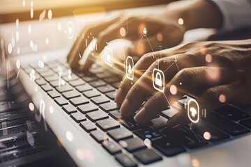 Cybersecurity concept with person typing on laptop keyboard with digital padlock icons overlaid. Themes of data protection, internet security, and online privacy.