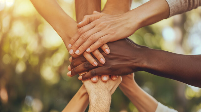 A realistic photograph of diverse hands stacked together in a gesture of unity and teamwork, with a blurred background to emphasize the hands.