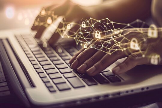 Hands typing on laptop keyboard with digital padlock icons, representing cybersecurity, data protection, and secure online transactions.