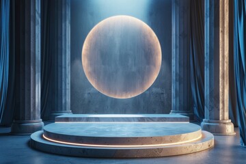 3D Render of a  Futuristic Pedestal or Podium in a Neoclassical Interior with a Glowing Orb. Perfect for Product Placement or Presentations.