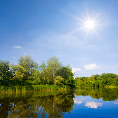 calm summer river with forest on coast at the sunny day