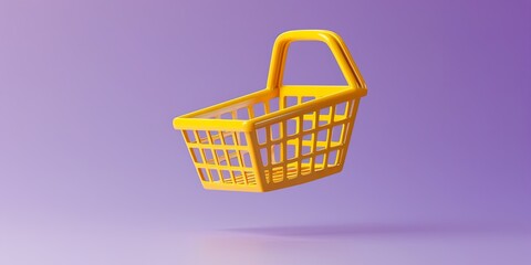 Fototapeta premium Empty yellow shopping basket floating on purple background. Concept of online shopping, e-commerce, retail, consumerism.