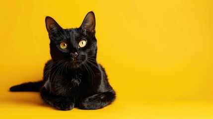 Tuxedo cat resting black cat on yellow backdrop