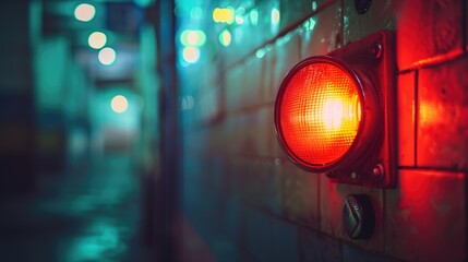 Emergency red lamp on the wall of industrial premises on old factory or plant