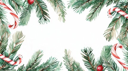 festive frame christmas fir branches with candy canes charming watercolor illustration for holiday greetings and designs
