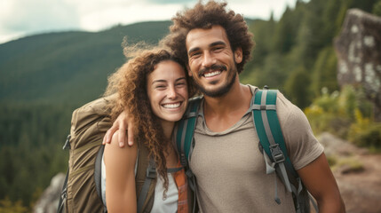Smiling couple hiking with backpacks in mountains on sunny day