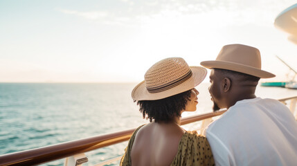 Smiling african american couple on cruise ship enjoying the ocean view, copy space