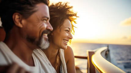 Smiling african american couple on cruise ship enjoying the ocean view, copy space