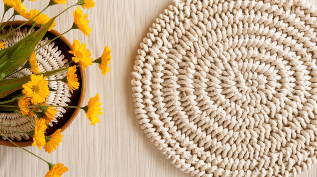 A white round rug sits on a table next to a vase of yellow flowers