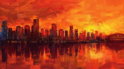 Fototapeta premium fiery orange sunset painting vancouver skyline vibrant cityscape artwork digital illustration
