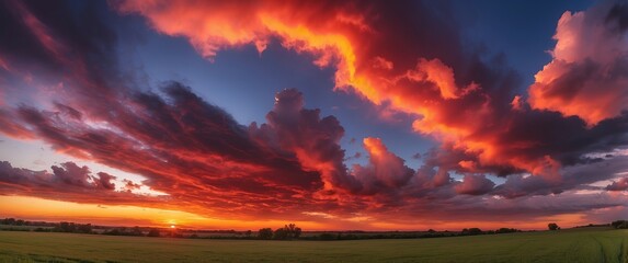 Stunning sunset over a vast field with dramatic red and orange clouds against a deep blue sky, creating a serene and picturesque rural landscape
