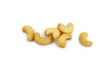 Unshelled roasted cashew nuts isolated on white background