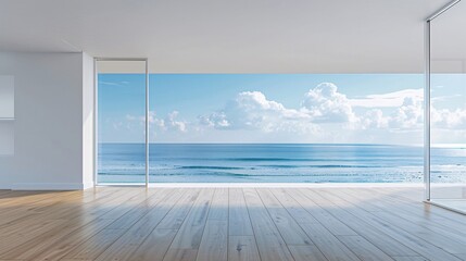 empty room with sea view and wooden floor, 3d rendering.