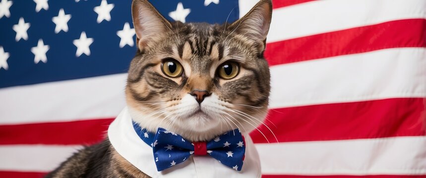 A cute cat wearing a bow tie with stars sits in front of an American flag backdrop, perfect for patriotic holidays like Independence Day and national celebrations - Powered by Adobe
