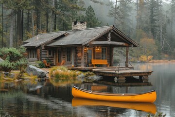 Obraz premium A rustic cabin by a lake, with a small pier, a canoe, and pine trees surrounding the area. 
