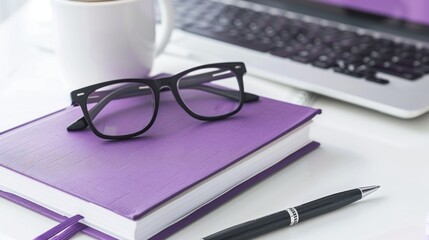 Purple Notebook and Glasses on a White Desk