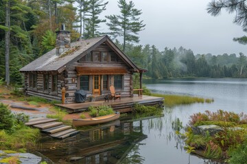 A rustic cabin by a lake, with a small pier, a canoe, and pine trees surrounding the area. 