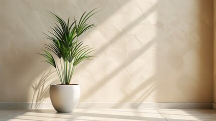 Minimalist interior decor with ceramic vase and plant, minimal shadows on the wall neutral pink, minimal style mock up with copy space