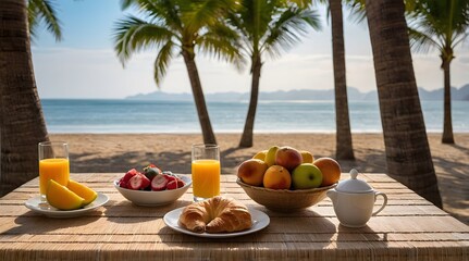 Obraz premium A breakfast table by the sea, the table is beautifully arranged with various breakfast items including croissants, fresh fruit and glasses of orange juice.