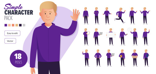 Simple flat male vector character in a set of multiple poses. Easy to edit and isolated on a white background. Modern trendy style character mega pack with lots of poses.