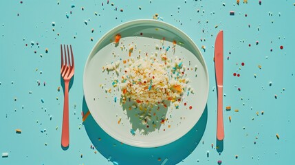 Microplastic contamination in food concept - scattered plastic debris on a table setting