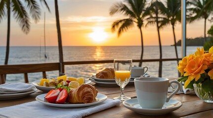 Fototapeta premium A breakfast table by the sea, the table is beautifully arranged with various breakfast items including croissants, fresh fruit and glasses of orange juice.