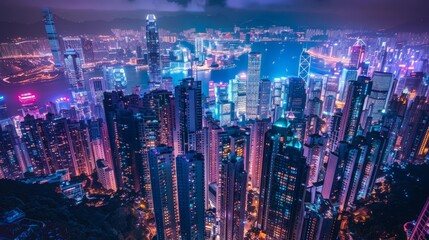 Fototapeta premium Nightfall transforms the city into a dazzling spectacle, with neon lights and illuminated buildings creating a mesmerizing nocturnal landscape.