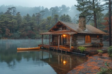Fototapeta premium A rustic cabin by a lake, with a small pier, a canoe, and pine trees surrounding the area. 