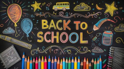 A vibrant chalkboard illustration with a 'Back to School' theme, featuring a variety of bright, multicolored doodles