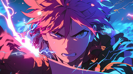 Naklejka premium electric powered anime boy japanese style cloudy smoke background