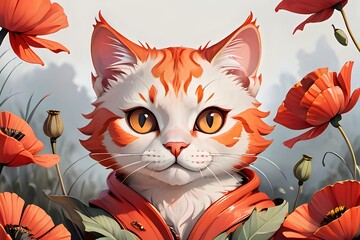 Obraz premium Illustration of an orange tabby cat surrounded by red poppies, featuring vibrant colors and detailed artwork. Perfect for nature-themed designs, pet-themed projects, and greeting cards