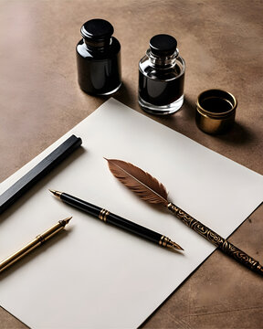 Folio en blanco varias plumas y tinteros