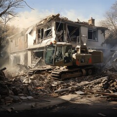 bulldozer efficiently excavating debris from a house that has been demolished.