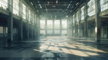 industrial grandeur vast empty warehouse interior with dramatic lighting and perspective 3d architectural rendering