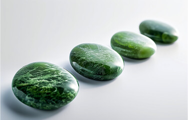 Four polished green stones arranged in a row
