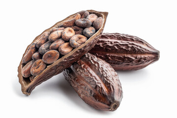 Dried cocoa beans and pod on white background
