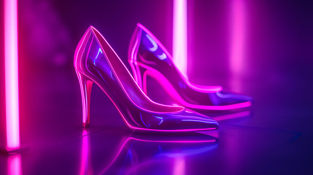 Glossy high heels with neon pink lighting