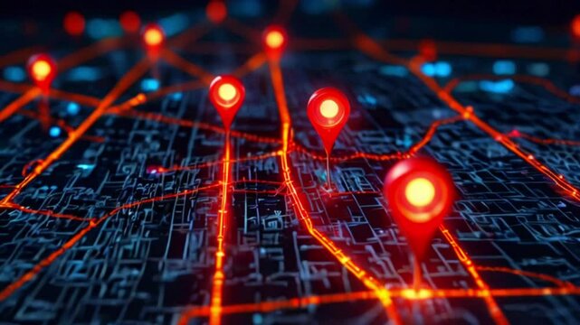 A digital map with red glowing points scattered throughout.