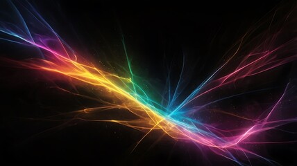 Beautiful colorful lights design in randoms ways and shapes in a black dark background, rainbow color rays of light background futuristic wallpaper