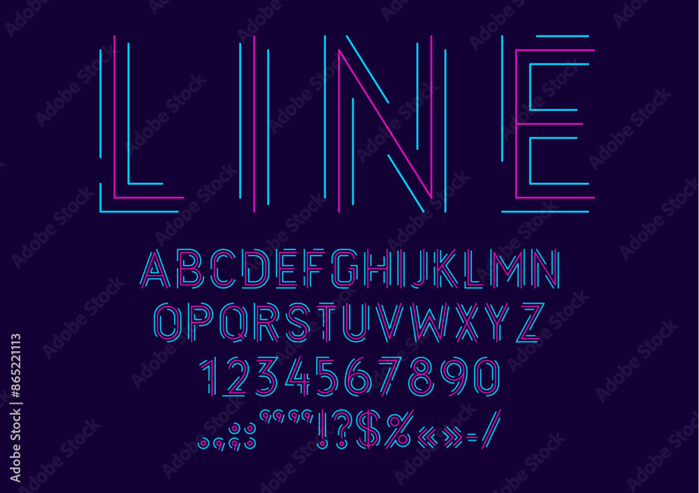 Fototapete line neon font, modern futuristic type vector typography set. english alphabet tech typeface with fu
