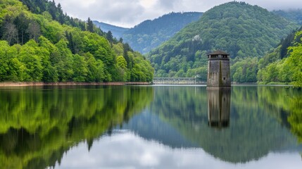 Obraz premium A picturesque view of a stone tower perched on a hilltop overlooking a tranquil lake, surrounded by lush, verdant forests on a bright, sunny day
