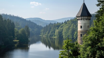 Fototapeta premium A picturesque view of a stone tower perched on a hilltop overlooking a tranquil lake, surrounded by lush, verdant forests on a bright, sunny day