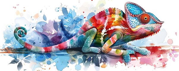 Obraz premium a chameleon changing colors to a spectrum flat design side view theme of exotic wildlife water color Split-complementary color scheme, isolated on white,