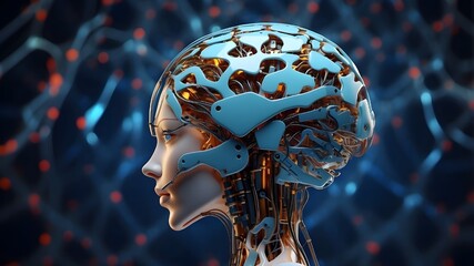 With generative art and AI tools as a broad banner, neural artificial intelligence brain in manufacturing lab for futuristic research, technological innovation, and machine learning network IQ