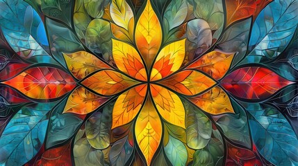 kaleidoscopic stained glass abstract shapes multidimensional shading flowing forms leaf patterns vibrant colors intricate details realistic style