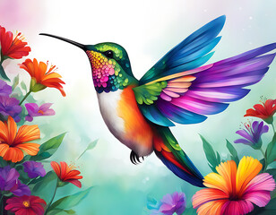 Little bird Hummingbird close-up with a flowers painted on a light background abstract decorative painting