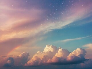 Serene sky with beautiful rainbow pastel colors and clouds