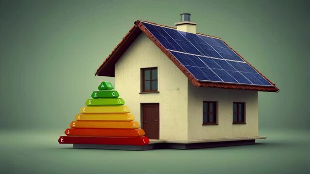 A cartoon house with solar panels on the roof and an energy efficiency rating of A+.