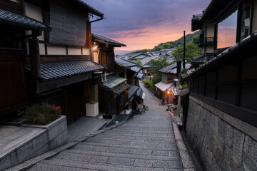 Ancient street in old traditional town in Kyoto city at sunrise, travel Japan and Japanese culture